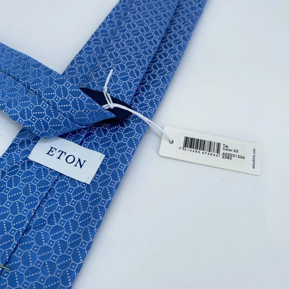 Eton Tie Mens One Size Blue Patterned Silk Professional Necktie England Made NWT